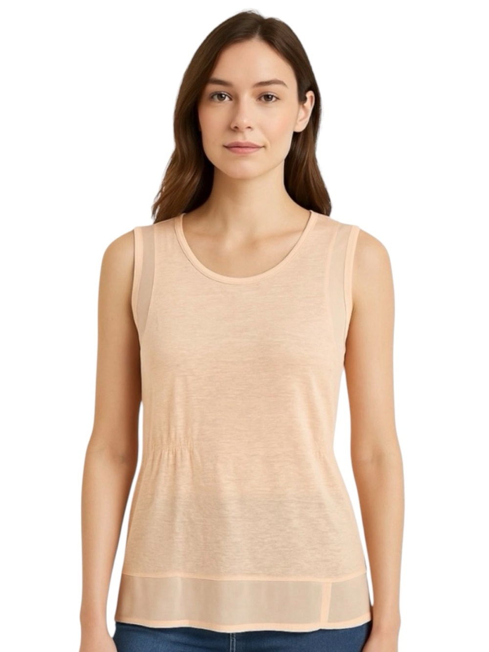Ann Taylor Peach Linen Sleeveless Blouse Size Large Sheer Trim Lightweight Top